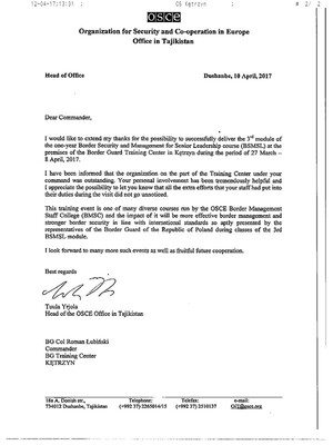 Podziękowania od Ambasadora Misji OBWE 