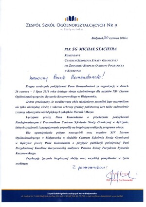 Podziękownie Dyrektora Zespołu Szkół Ogólnokształcących nr 9 im. Ryszarda Kaczorowskiego w Białymstoku 